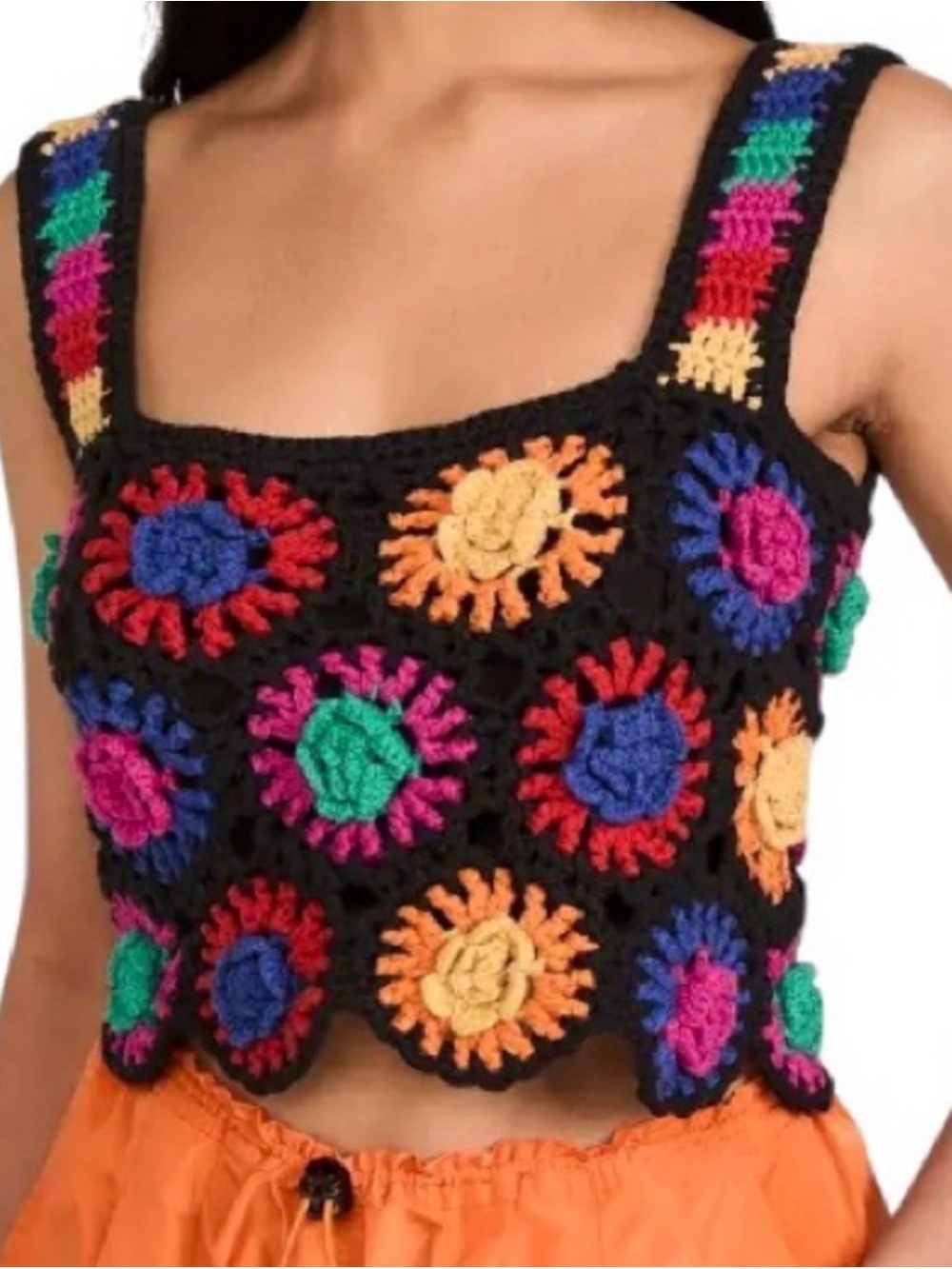 Farm Rio Crochet Floral Tank Top - Black with Multicolor Flowers, XS